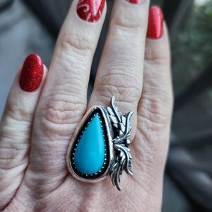 Handmade Sterling Silver 925 Sleeping Beauty Turquoise Leaf Shadowbox Ring Sz 7